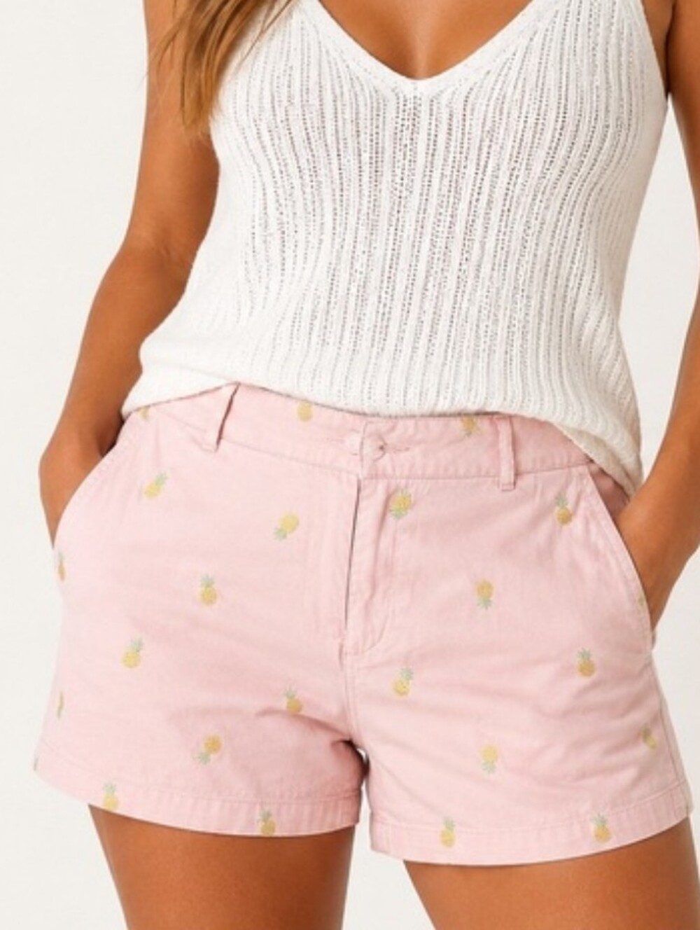 Jones New York Pink Pineapple Embroidered Cotton Shorts